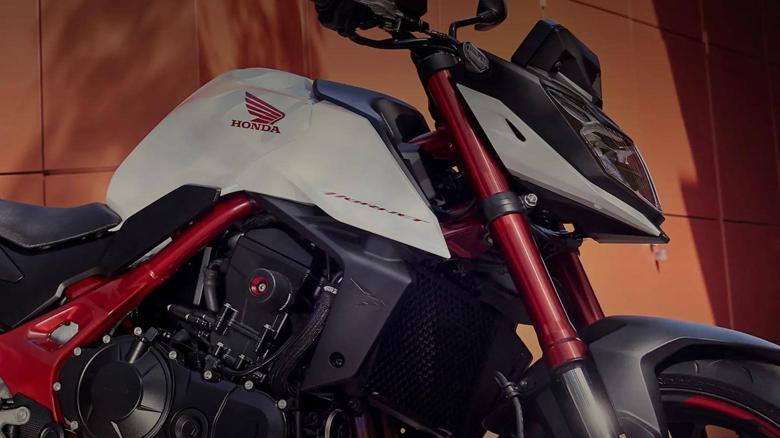 תקריב מיכל דלק ושלדה של הונדה HORNET 750 E-Clutch בצבע לבן ואדום